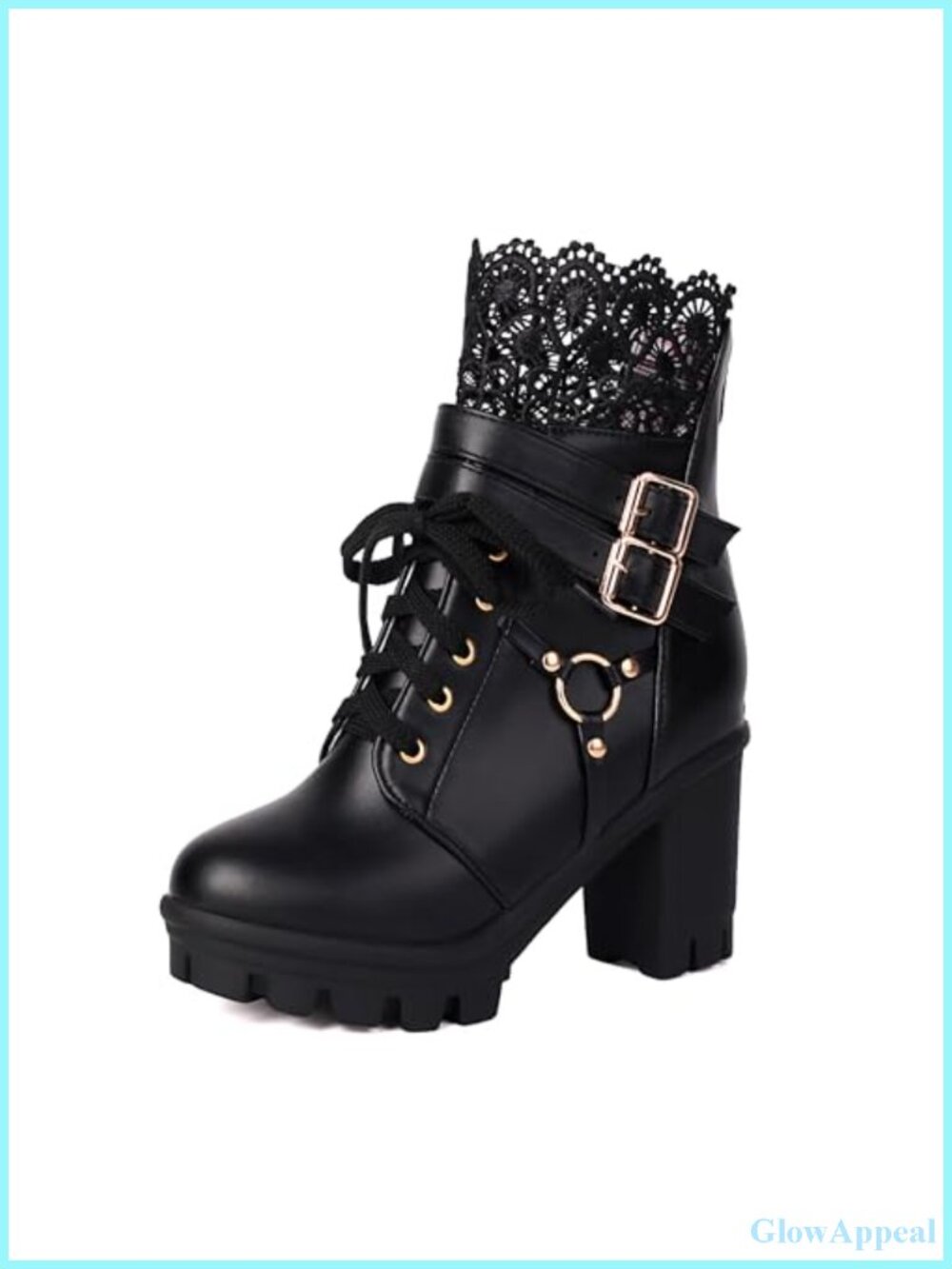 Gothic Lace Up Platform Ankle Boots with Buckles, Faux Leather, Chunky Heel,